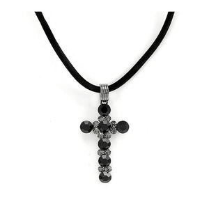 Glistering Cross Pendant with Grey Austrian Element Crystals and Black CZ and Necklace
