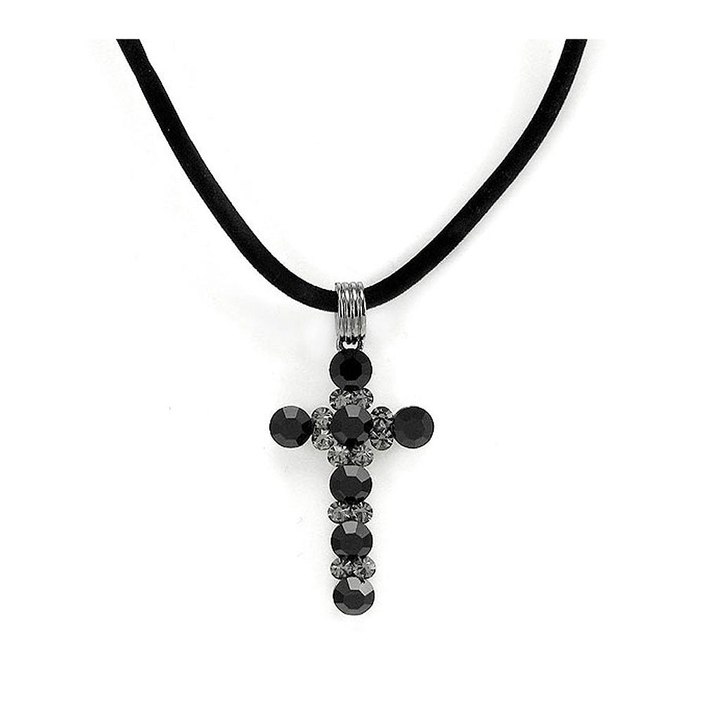 Glistering Cross Pendant with Grey Austrian Element Crystals and Black CZ and Necklace