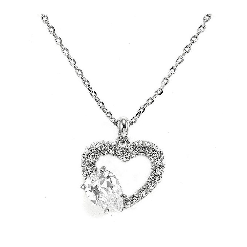 Glistering Joyful Heart Pendant with Silver Austrian Element Crystals and CZ and Necklace