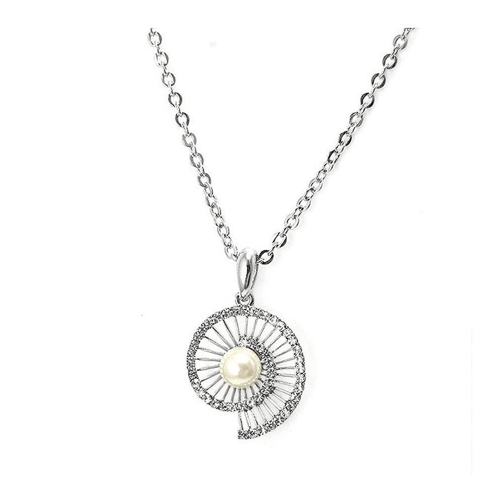 Twinkling Shell Pendant with Silver Austrian Element Crystals and White Fashion Pearl and Necklace