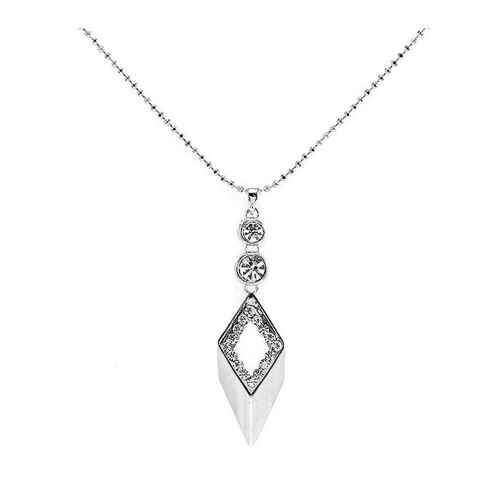 Glistering Diamond-shape Pendant with Silver Austrian Element Crystals and CZ and Necklace