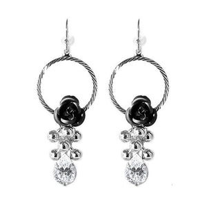 Elegant Black Rose Earrings with Crystals Glass