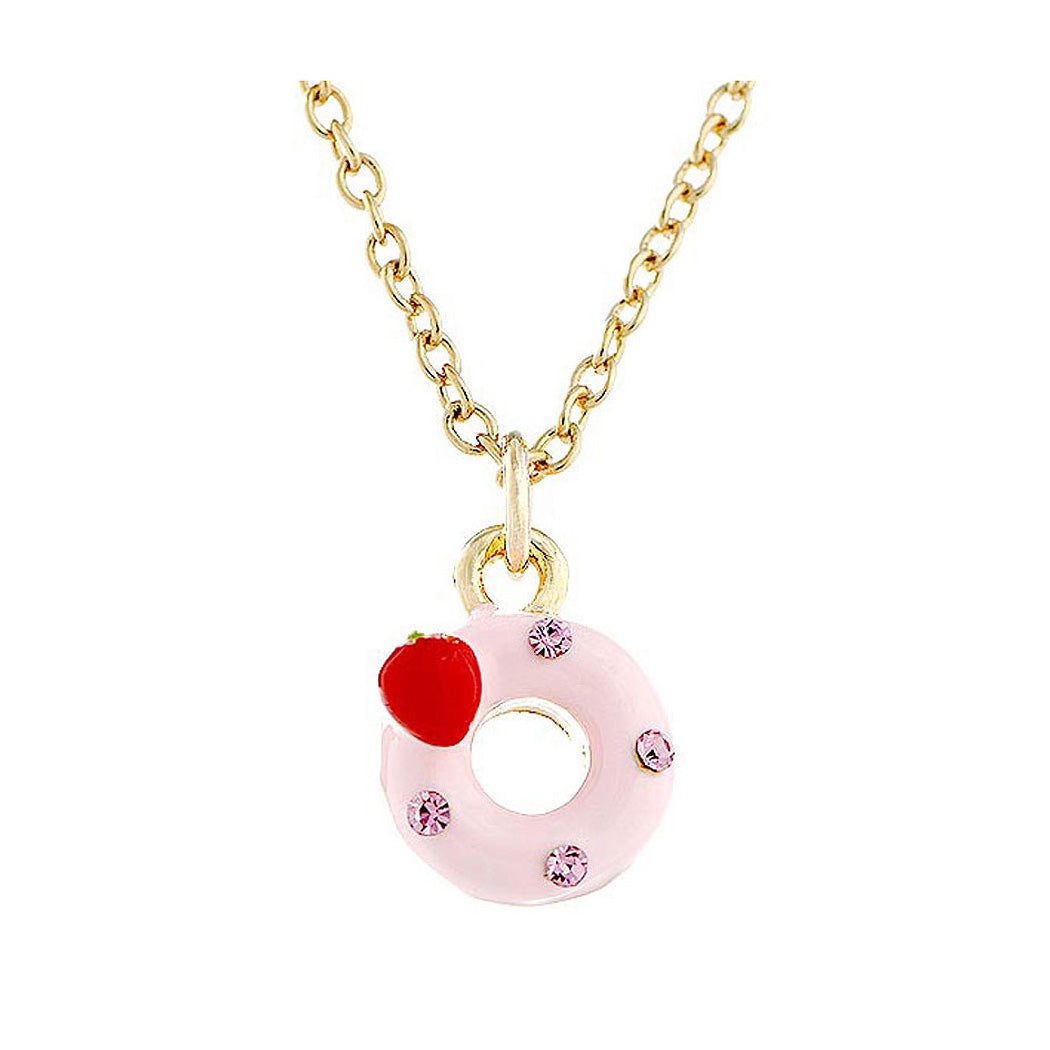 Glistering Strawberry Donut Pendant with Pink CZ and Necklace