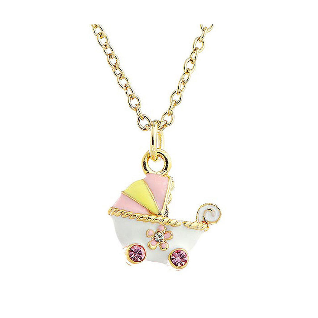 Glistering Baby Stroller Pendant with Pink and Silver CZ and Necklace