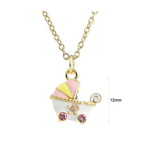 Glistering Baby Stroller Pendant with Pink and Silver CZ and Necklace