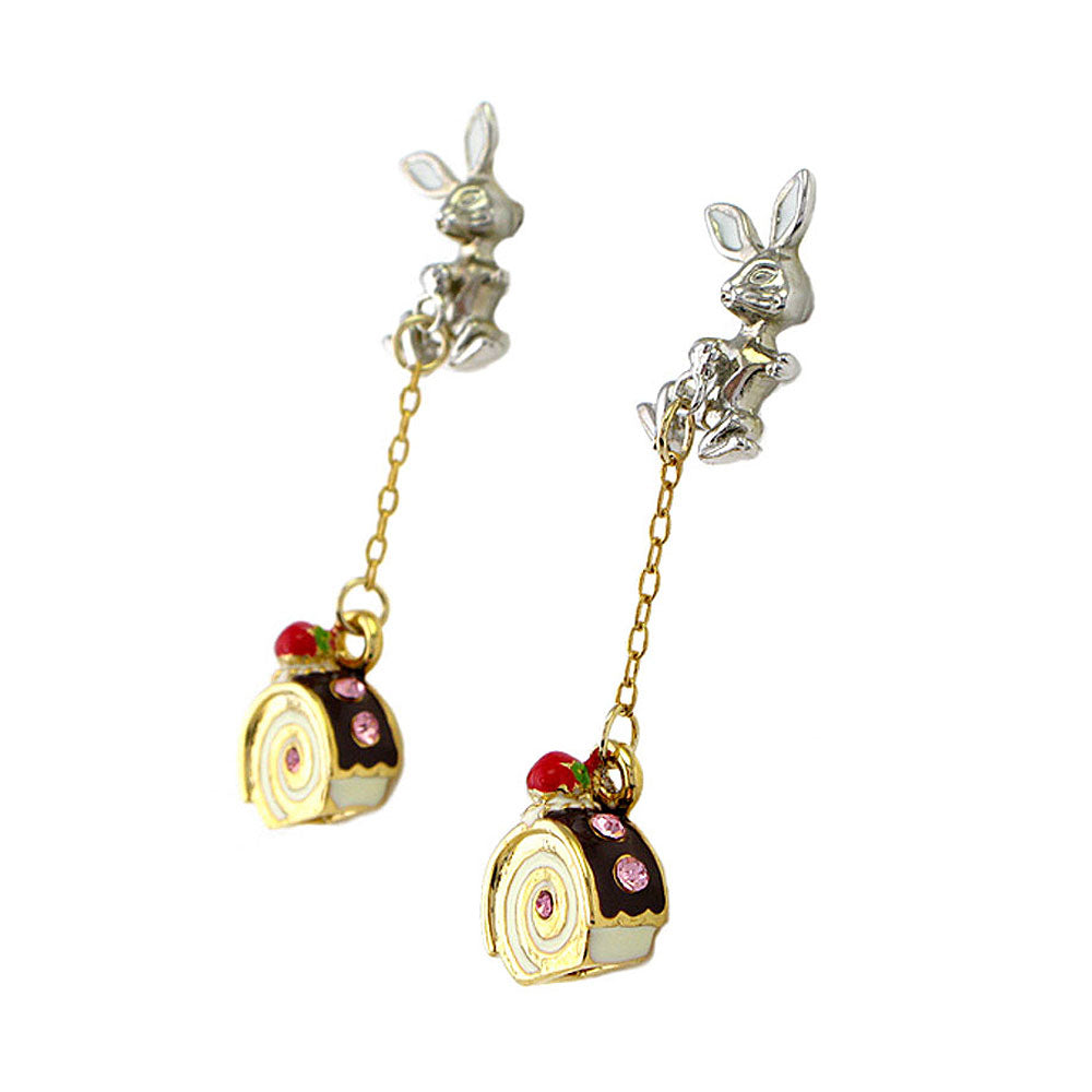 Glistering Rabbit and Roll Cake Earrings with Pink CZ