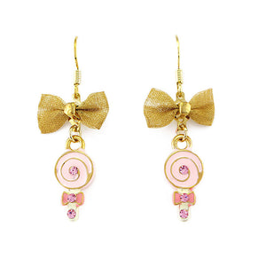 Glistering Yellow Lollypop Earrings with Ribbon and Pink CZ