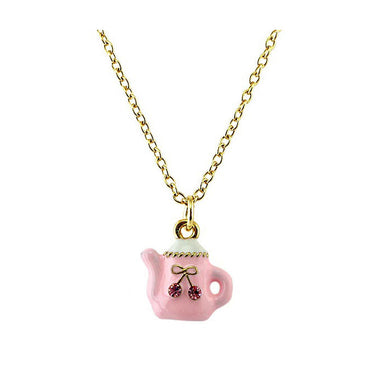 Glistering Tea Pot Pendant with Pink CZ and Necklace