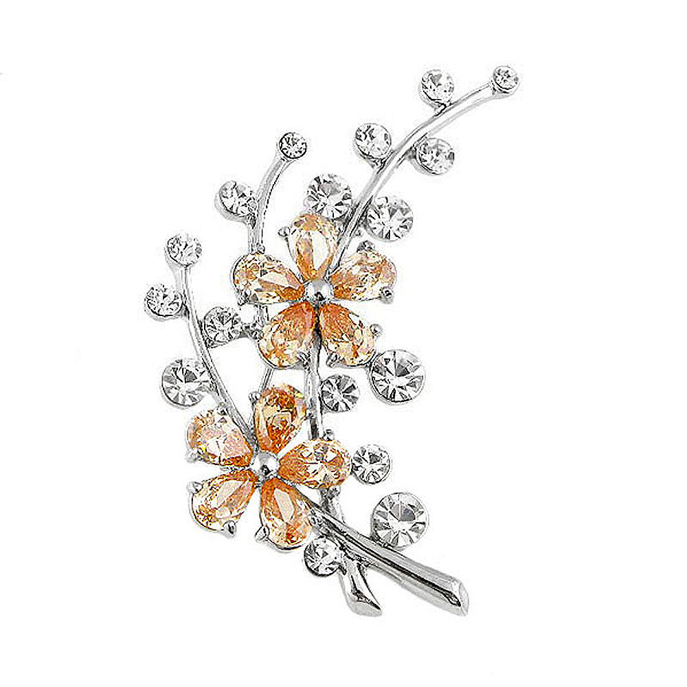 Dazzling Flower Brooch with Silver Austrian Element Crystal and Orange CZ