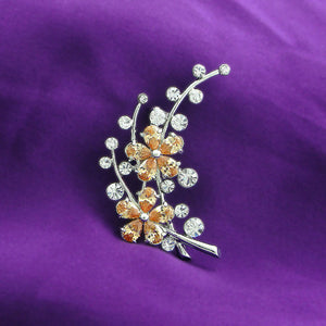 Dazzling Flower Brooch with Silver Austrian Element Crystal and Orange CZ
