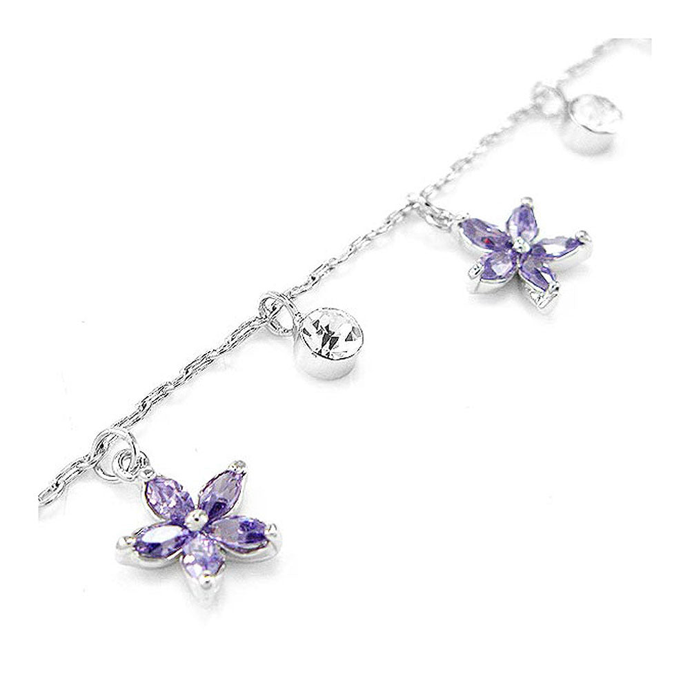 Elegant Flower Anklet with Silver and Purple Austrian Element Crystals