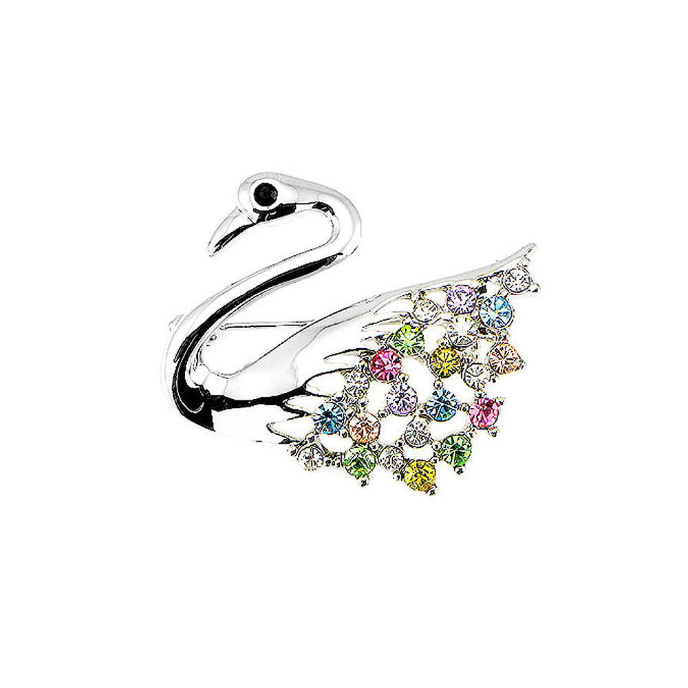 Elegant Swan Brooch with Multi-color Austrian Element Crystals