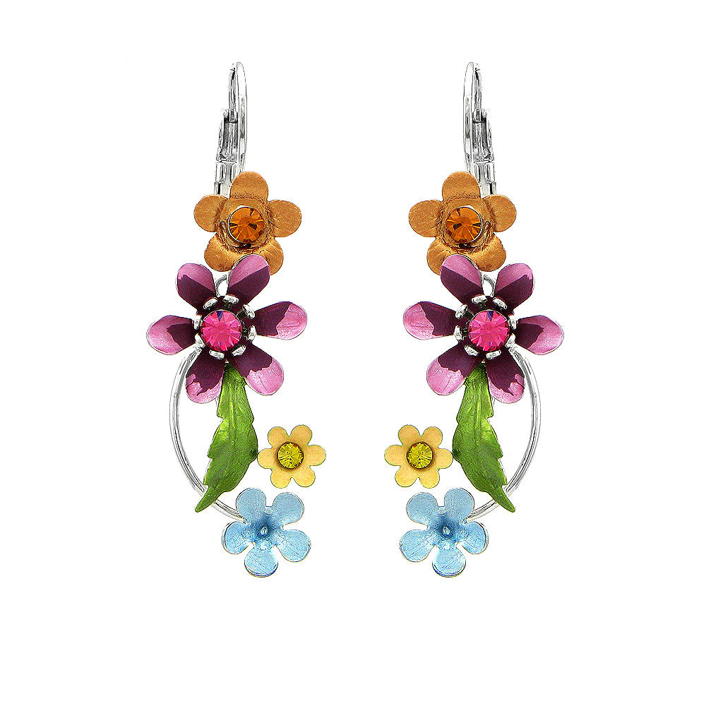 Multi-color Flower Shape Earrings with Yellow and Pink Austrian Element Crystals