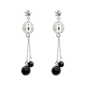 Simple Earrings with Silver Austrian Element Crystal and Black Plastic Beads