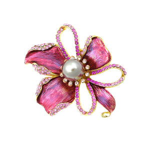 Flower Brooch with Pink Austrian Element Crystal and Brown Fashion Pearl