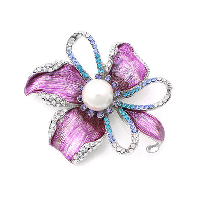 Flower Brooch with Silver and Blue Austrian Element Crystals and White Fashion Pearl