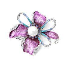 Load image into Gallery viewer, Flower Brooch with Silver and Blue Austrian Element Crystals and White Fashion Pearl