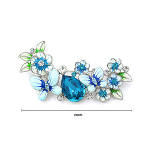 Dazzling Butterfly and Flower Brooch with Silver and Blue Austrian Element Crystals and Blue CZ