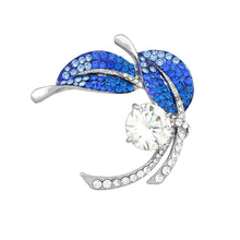 Load image into Gallery viewer, Leaf Brooch with Blue and Silver Austrian Element Crystals and Silver CZ