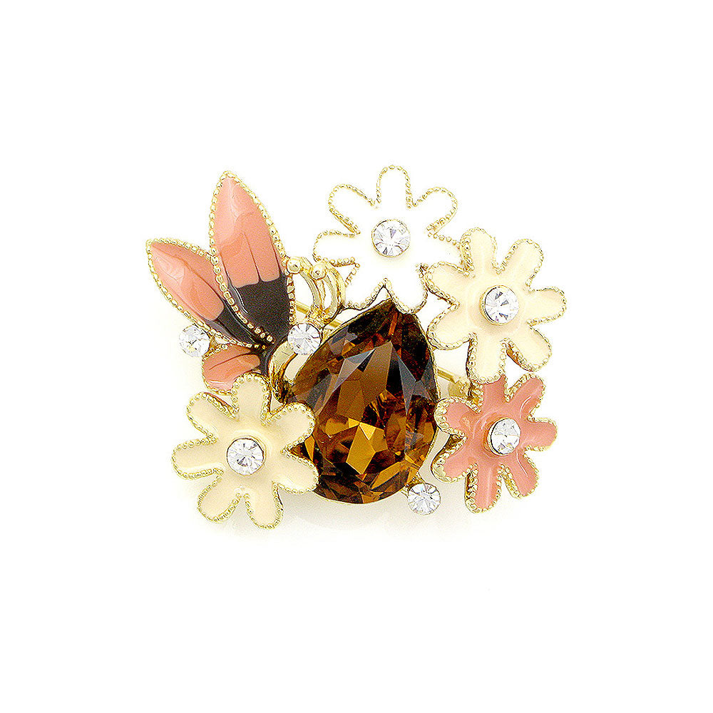 Dazzling Butterfly and Flower Brooch with Silver Austrian Element Crystal and Brown CZ