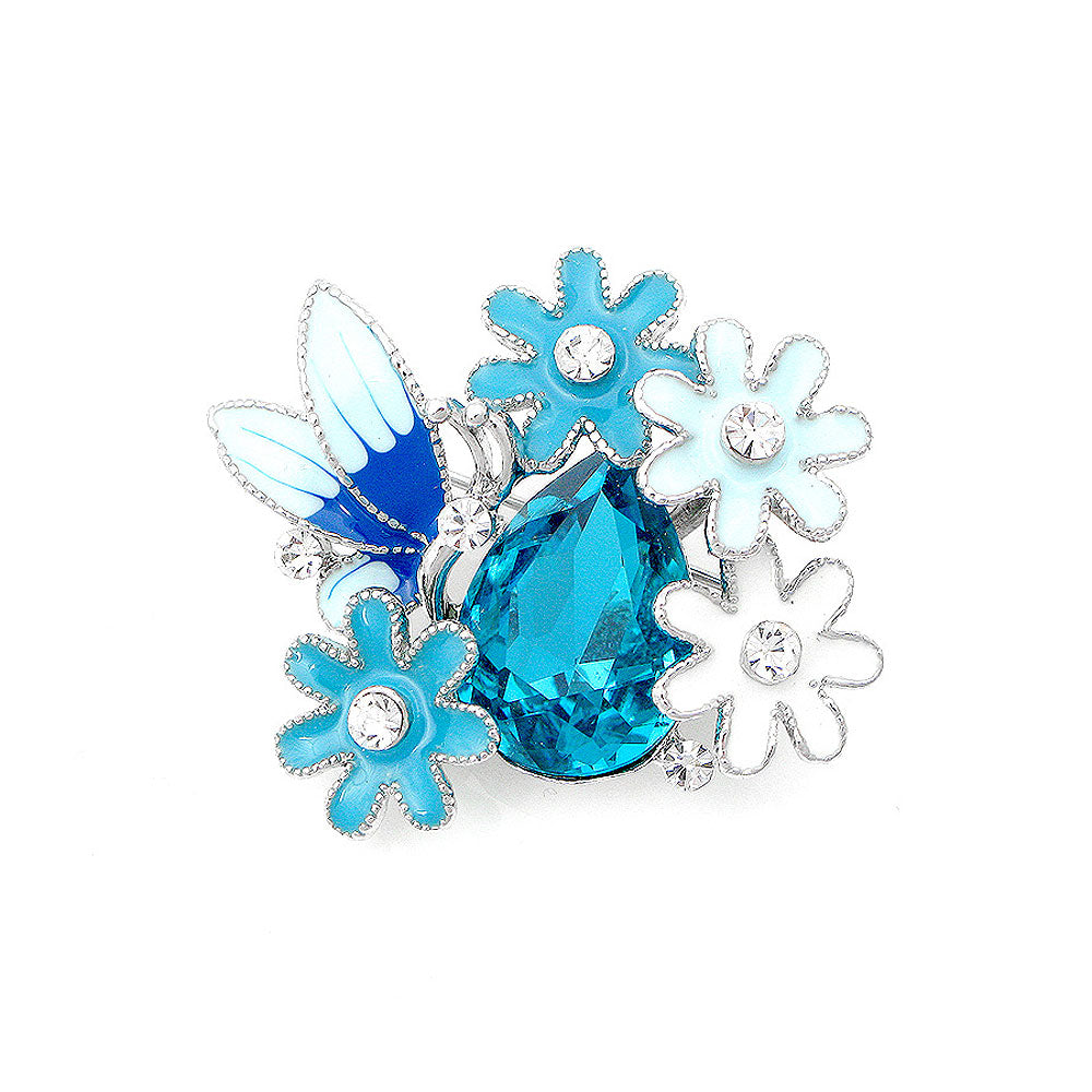 Dazzling Butterfly and Flower Brooch with Silver Austrian Element Crystal and Blue CZ