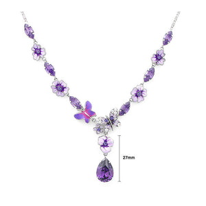 Purple Flower and Butterfly Necklace with Purple and Silver Austrian Element Crystals