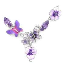 Load image into Gallery viewer, Purple Flower and Butterfly Necklace with Purple and Silver Austrian Element Crystals