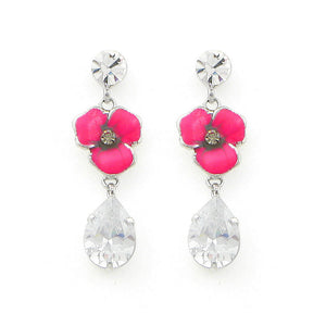 Pink Flower Earrings with Silver Austrian Element Crystal
