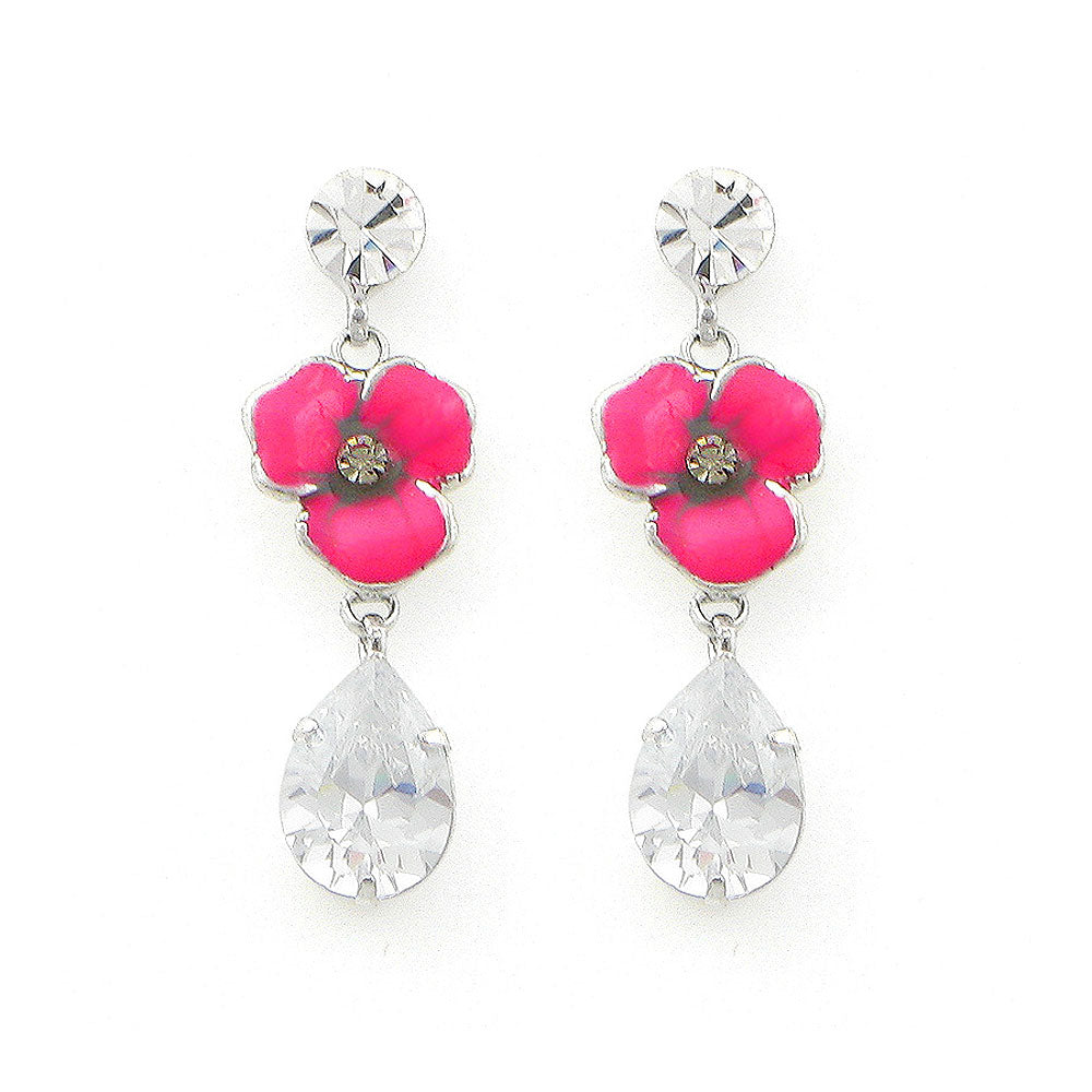 Pink Flower Earrings with Silver Austrian Element Crystal