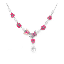 Load image into Gallery viewer, Pink Flower and Butterfly Necklace with Pink and Silver Austrian Element Crystals