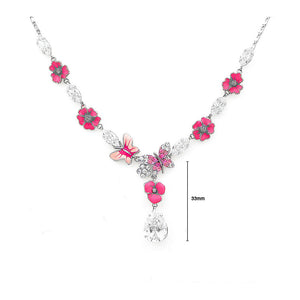 Pink Flower and Butterfly Necklace with Pink and Silver Austrian Element Crystals