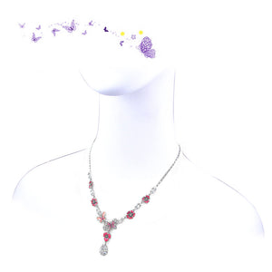 Pink Flower and Butterfly Necklace with Pink and Silver Austrian Element Crystals