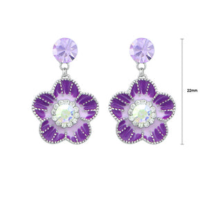 Purple Flower Earrings with Purple and Silver Austrian Element Crystals