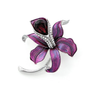 Purple Flower Brooch with Silver Austrian Element Crystal and Purple CZ