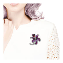 Load image into Gallery viewer, Purple Flower Brooch with Silver Austrian Element Crystal and Purple CZ