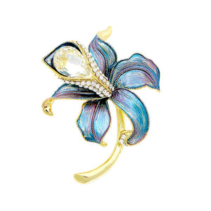 Blue Flower Brooch with Silver Austrian Element Crystal and CZ