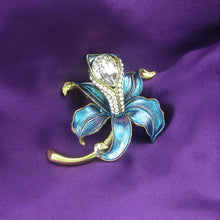 Load image into Gallery viewer, Blue Flower Brooch with Silver Austrian Element Crystal and CZ