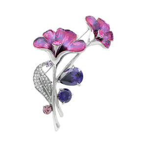 Bluish Purple Flower Brooch with Silver, Pink Austrian Element Crystals and Purple CZ