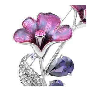Bluish Purple Flower Brooch with Silver, Pink Austrian Element Crystals and Purple CZ