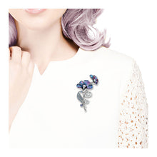 Load image into Gallery viewer, Purplish Blue Flower Brooch with Blue, Purple Austrian Element Crystals and Silver CZ