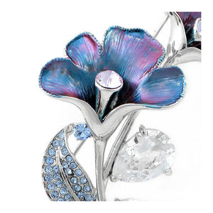 Purplish Blue Flower Brooch with Blue, Purple Austrian Element Crystals and Silver CZ