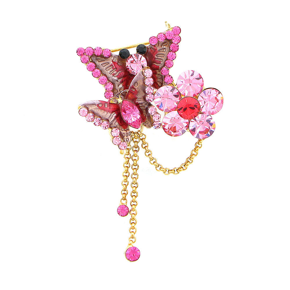 Butterfly and Flower Brooch with Pink Austrian Element Crystal
