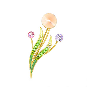Flower Buds and Leaves Brooch with Multi-colour Austrian Element Crystals and Crystal Glass