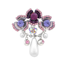 Load image into Gallery viewer, Flower and Butterfly Brooch with Purple Austrian Element Crystal and Fashion Pearl