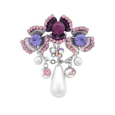 Flower and Butterfly Brooch with Purple Austrian Element Crystal and Fashion Pearl