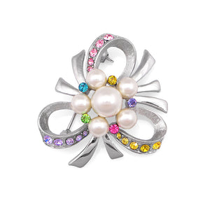 Ribbon Brooch with Multi-color Austrian Element Crystals and White Fashion Pearl