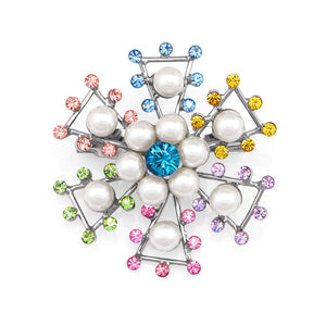 Snowflake Brooch with Multi-color Austrian Element Crystals and White Fashion Pearl