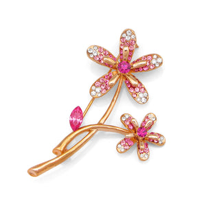 Twin Flower Brooch with Pink and Silver Austrian Element Crystals
