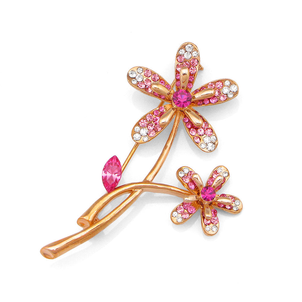 Twin Flower Brooch with Pink and Silver Austrian Element Crystals