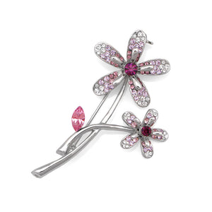 Twin Flower Brooch with Purple and Silver Austrian Element Crystals